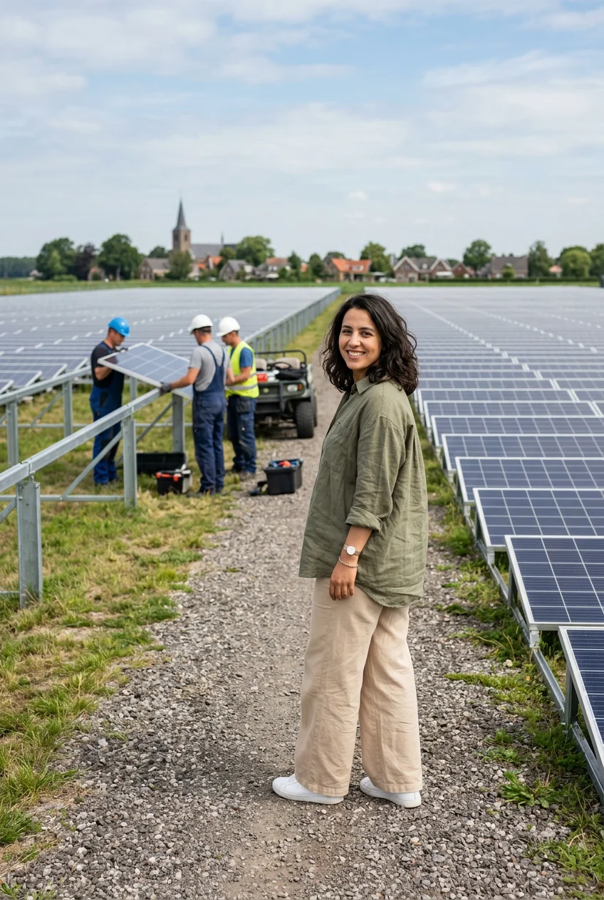 Foto dame in veld met zonnepanelen